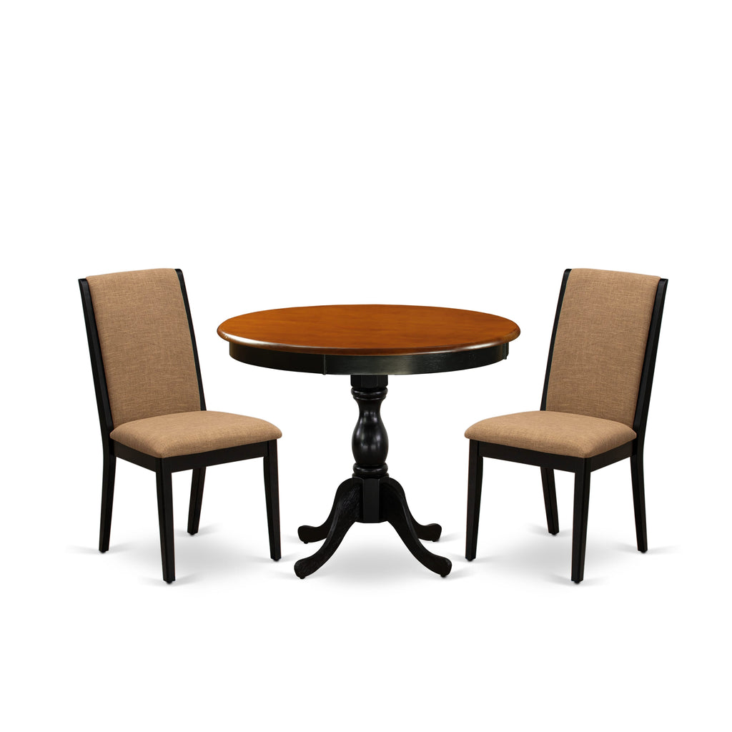 AMLA3-XNP-O8 Circle Dining Set with Pedestal and 2 Sable Fabric Chairs, 36-Inch Cherry-Black
