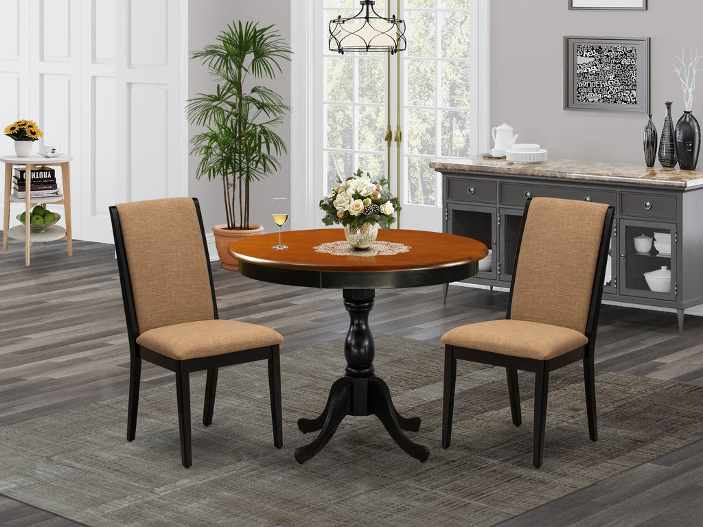 AMLA3-XNP-O8 Circle Dining Set with Pedestal and 2 Sable Fabric Chairs, 36-Inch Cherry-Black