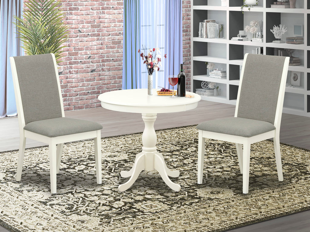 AMLA3-C25-UU Elegant 3-Piece Dining Set Round Table & 2 Shitake Linen Upholstered Chairs, Linen White, 36