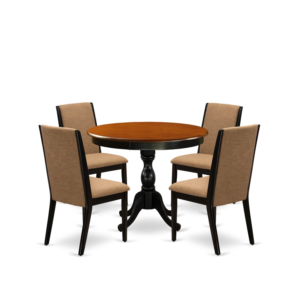 AMLA5-71M-SK 5-Piece Dining Set, Pedestal Table with 4 Sable Linen Chairs, Black & Cherry, 36