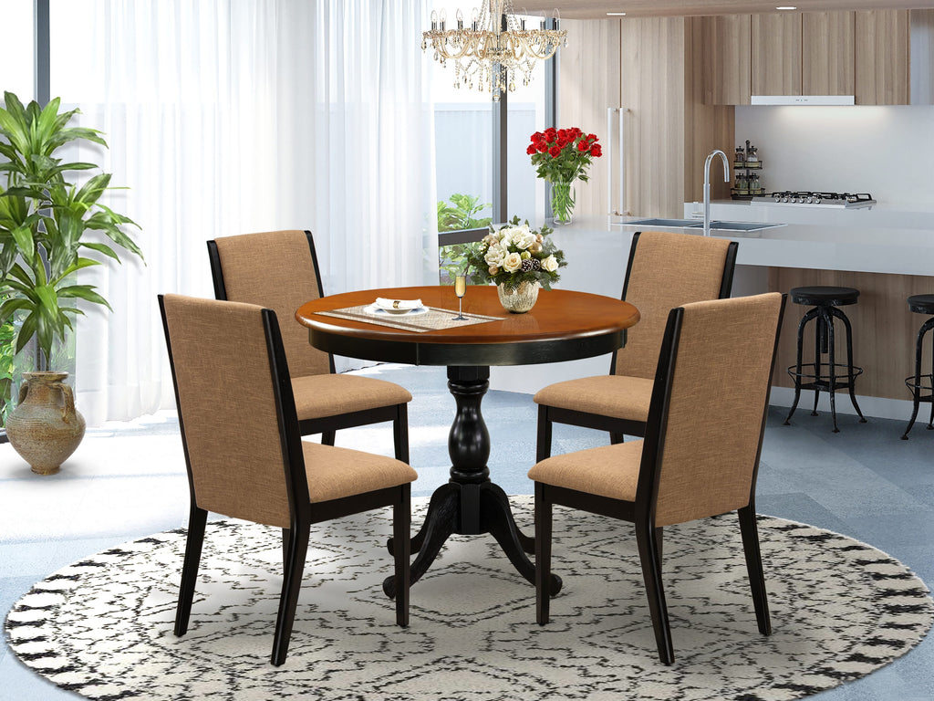 AMLA5-71M-SK 5-Piece Dining Set, Pedestal Table with 4 Sable Linen Chairs, Black & Cherry, 36