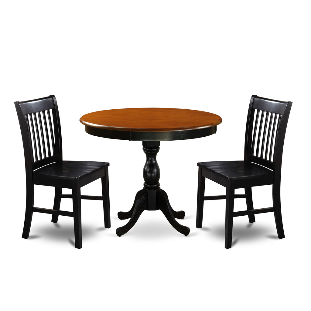 AMNF3-SBU-C Exquisite Trio Dining Ensemble with Round Pedestal Table and Two Chairs, 36x36, Sleek Ebony & Rich Cherry