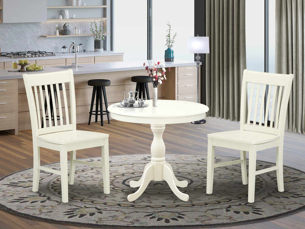 AMNF3-PCW-N Compact Round Dining Table Set with Pedestal Base and 2 Cozy Chairs, 3-Piece 36x36 Inch for Small Spaces, Linen White Finish
