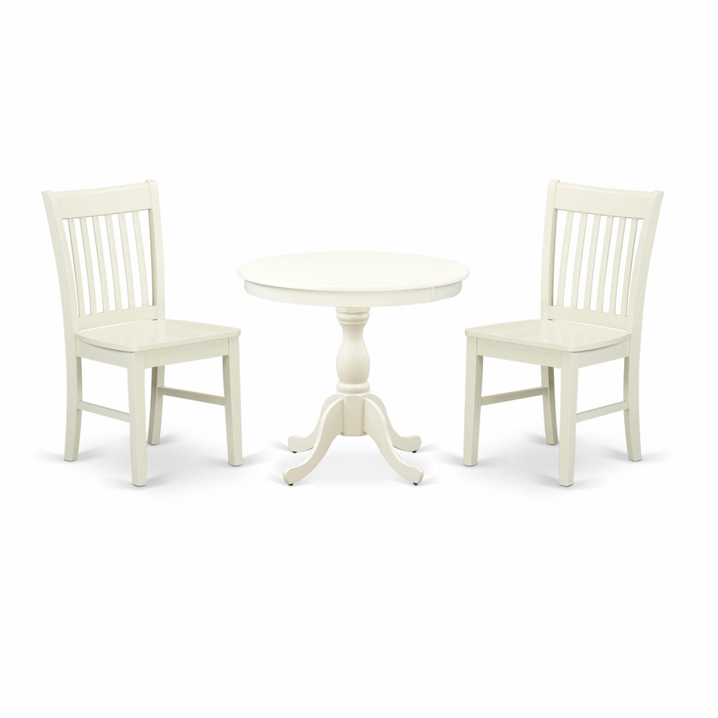 AMNF3-PCW-N Compact Round Dining Table Set with Pedestal Base and 2 Cozy Chairs, 3-Piece 36x36 Inch for Small Spaces, Linen White Finish