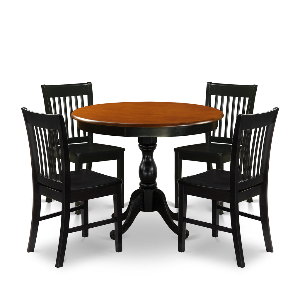AMNF5-A5P-C 5 Piece Dining Set with Round Pedestal Table and Cherry-Black Chairs, 36 Inch