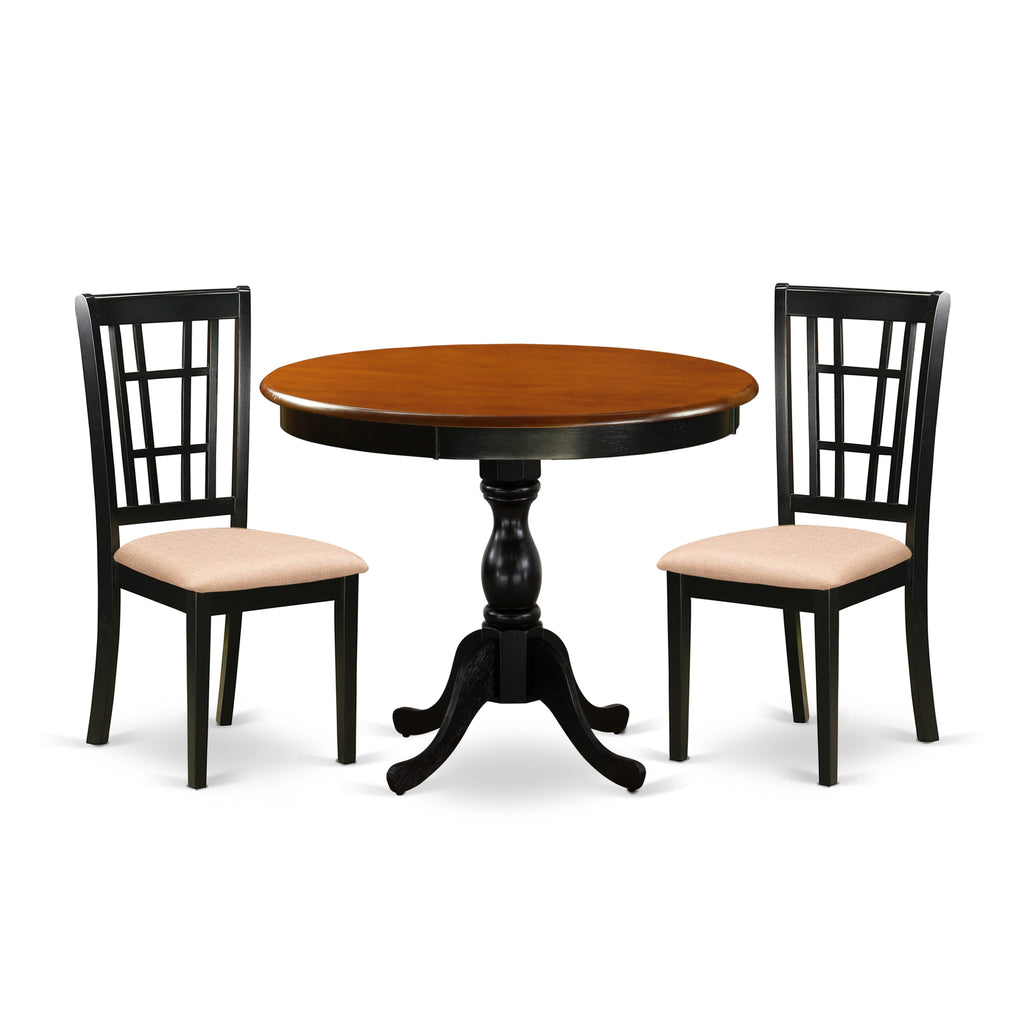 AMNI3-7Q9-3 Chic 3-Piece Dining Ensemble for Compact Areas with Pedestal Table and Dual Upholstered Chair Set, Black & Cherry