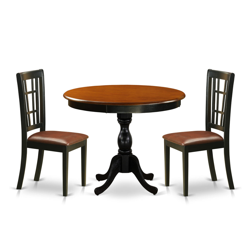 AMNI3-WL1-XU 3-Piece Dining Set with Round Table and Faux Leather Chairs, Black & Cherry, 36x36