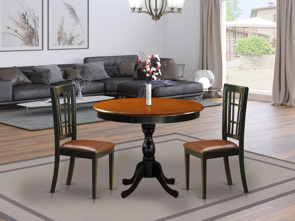 AMNI3-WL1-XU 3-Piece Dining Set with Round Table and Faux Leather Chairs, Black & Cherry, 36x36