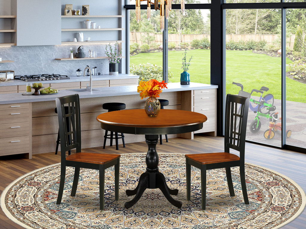 AMNI3-IGI-8 Cozy 3-Pc Dining Set with Round Table & 2 Chairs for Compact Areas, 36x36, Black & Cherry
