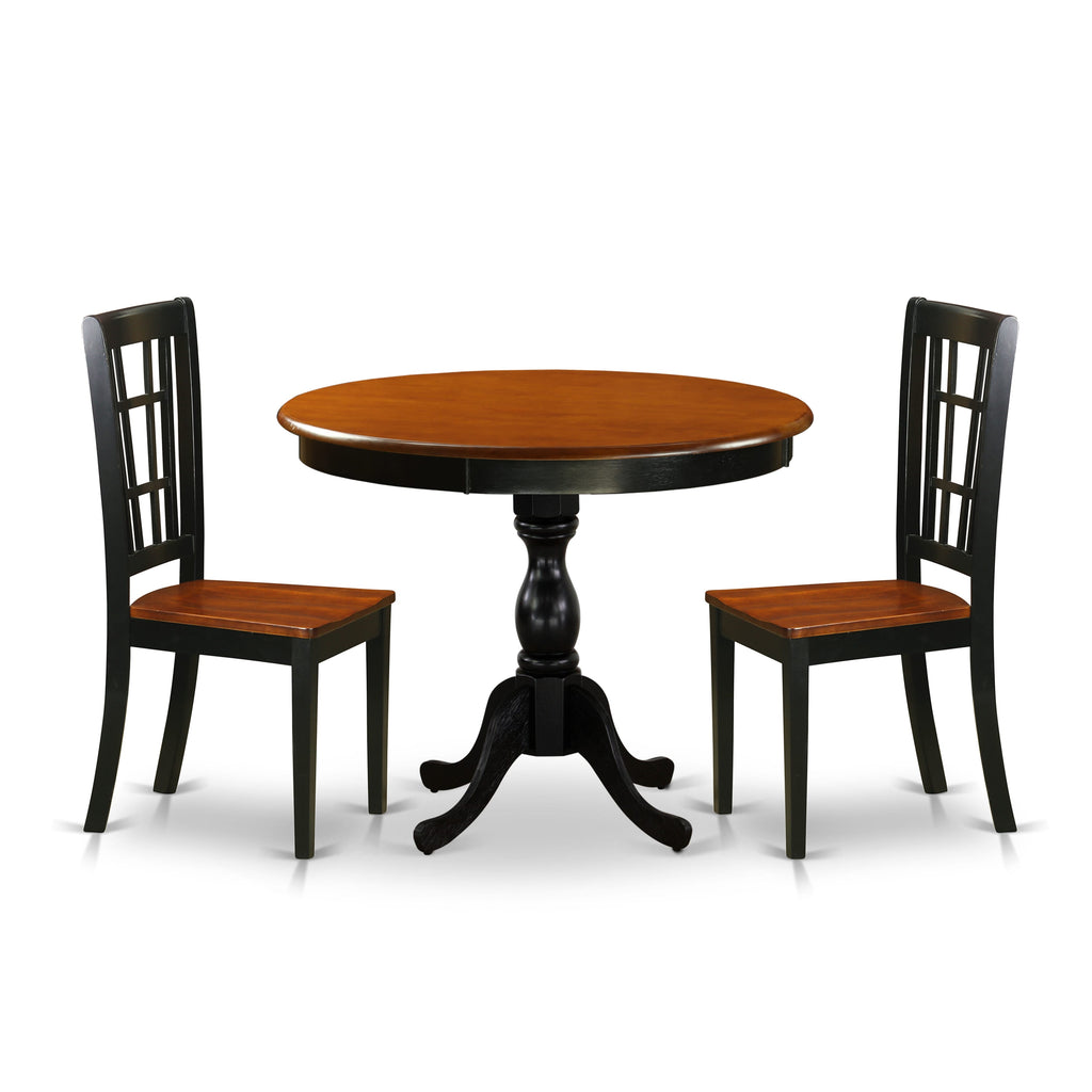 AMNI3-IGI-8 Cozy 3-Pc Dining Set with Round Table & 2 Chairs for Compact Areas, 36x36, Black & Cherry
