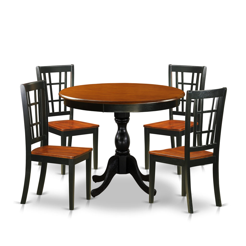 AMNI5-LT6-K 5-Piece Round Kitchen Set with Pedestal Table and Four Upholstered Dining Chairs, Black & Cherry Finish, 36 Inch