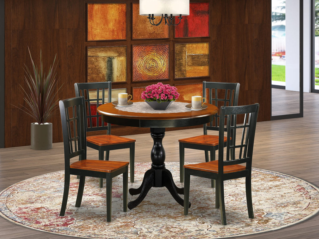 AMNI5-LT6-K 5-Piece Round Kitchen Set with Pedestal Table and Four Upholstered Dining Chairs, Black & Cherry Finish, 36 Inch