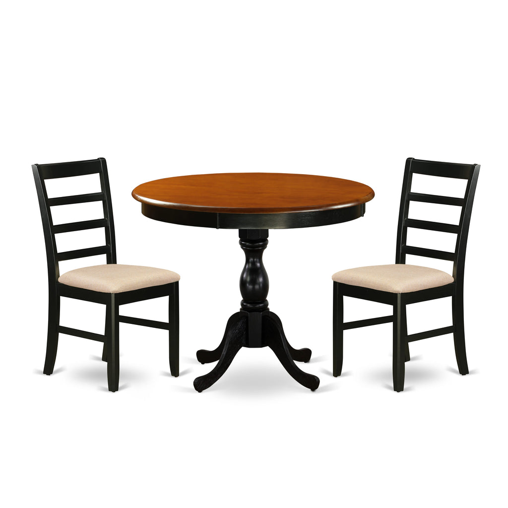 AMPF3-HEF-S Woodsy Kitchen Set Round Pedestal Dining Table & 2 Upholstered Chairs for Cozy Corners