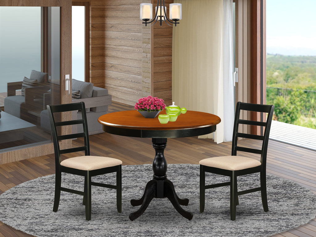 AMPF3-HEF-S Woodsy Kitchen Set Round Pedestal Dining Table & 2 Upholstered Chairs for Cozy Corners