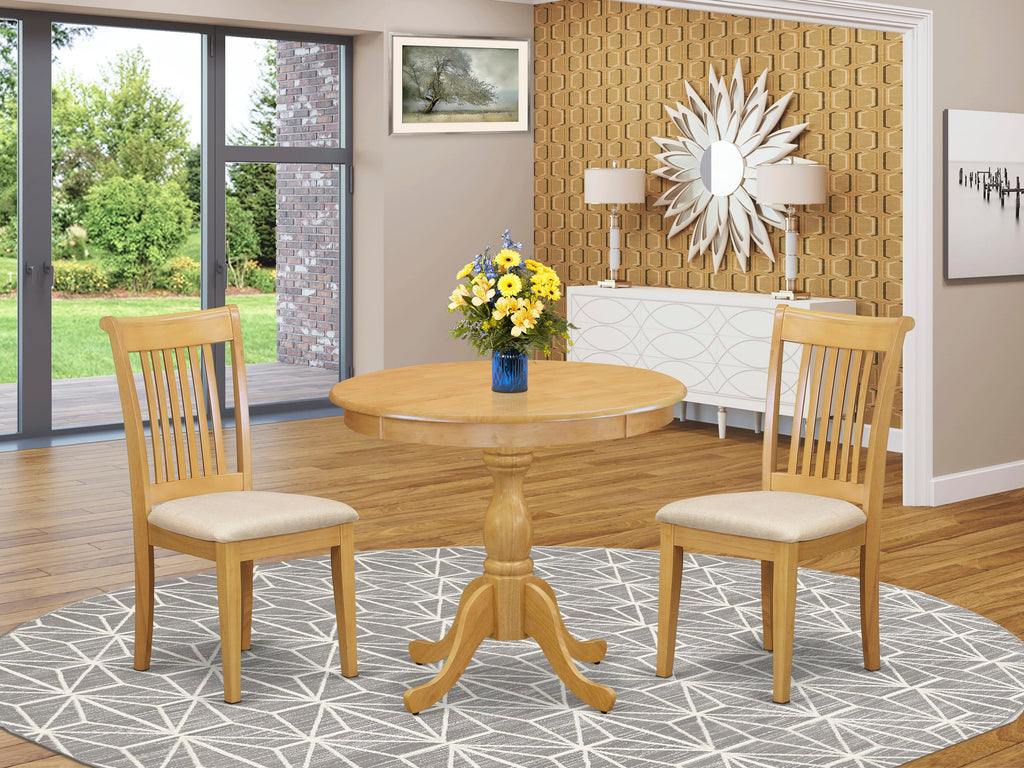 Dining Set AMPO3-DHH-Y Round Pedestal Table & 2 Fabric Chairs, 36x36 In, Oak Enchantment