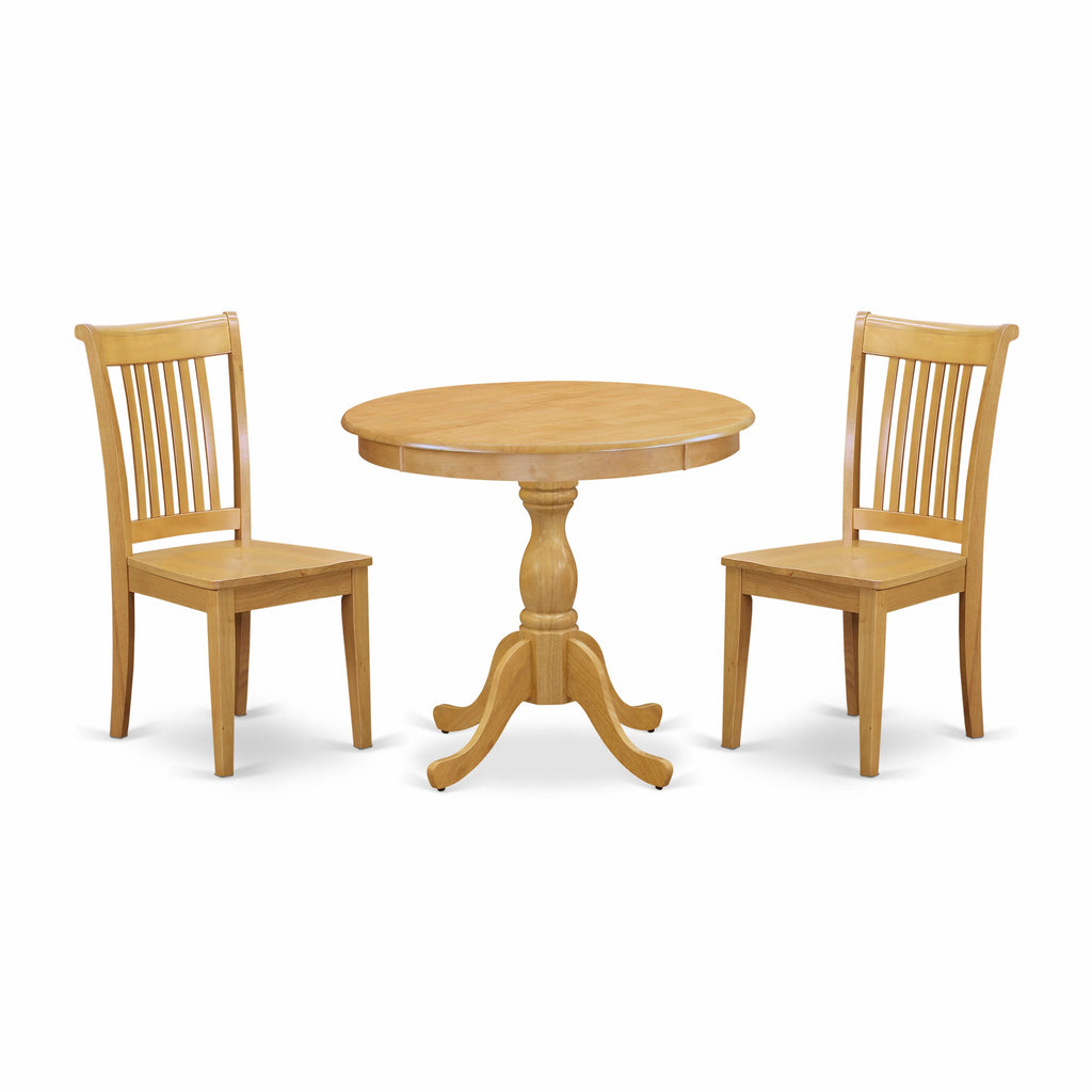 AMPO3-H3B-X 3-Piece Dining Ensemble with Circular Table and Two Wooden Chairs, Oak Finish