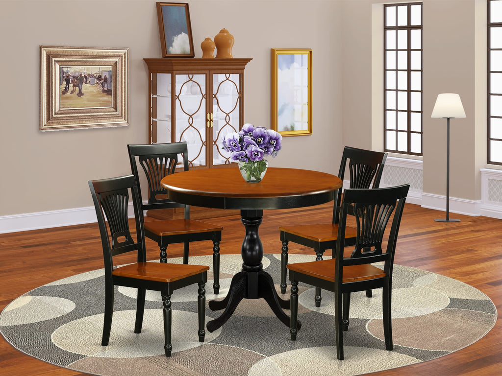 AMPV5-J75-C Retro Round Dining Table Set for 4 with Pedestal and Chairs, Black & Cherry Elegance