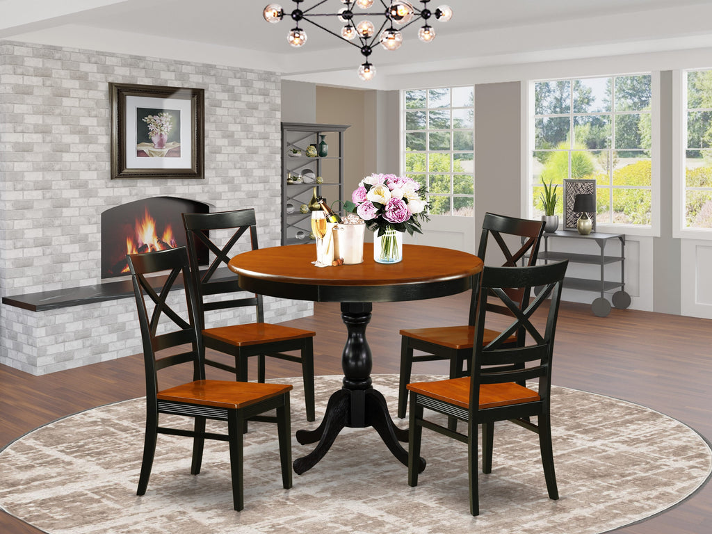 Dining Set AMQU5-LYA-W Round Pedestal Table for 4 with Chairs in Elegant Black & Cherry, 36-Inch