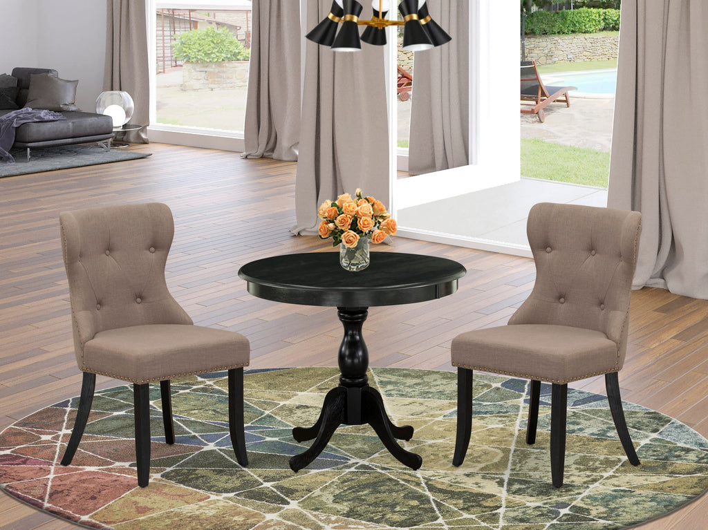 AMSI3-KV7-VR Three Piece Dining Ensemble with Round Pedestal and Coffee Linen Upholstered Parsons Chairs, 36 Black Wirebrushed Style