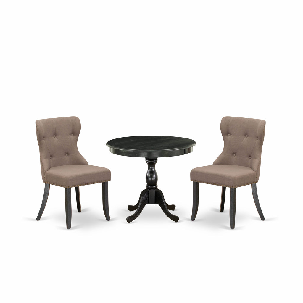 AMSI3-KV7-VR Three Piece Dining Ensemble with Round Pedestal and Coffee Linen Upholstered Parsons Chairs, 36 Black Wirebrushed Style