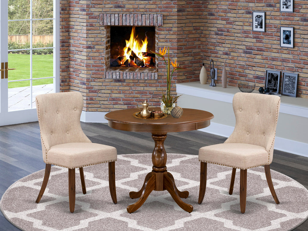 AMSI3-85L-6S Dining Set Compact Round Pedestal Table & 2 Tan Folded Linen Parson Chairs, 36 Walnut