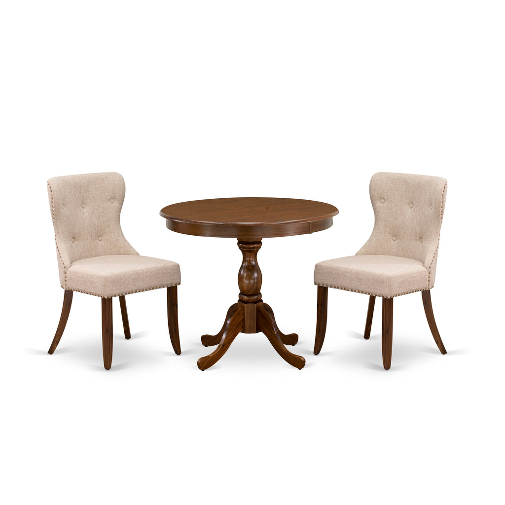 AMSI3-85L-6S Dining Set Compact Round Pedestal Table & 2 Tan Folded Linen Parson Chairs, 36 Walnut