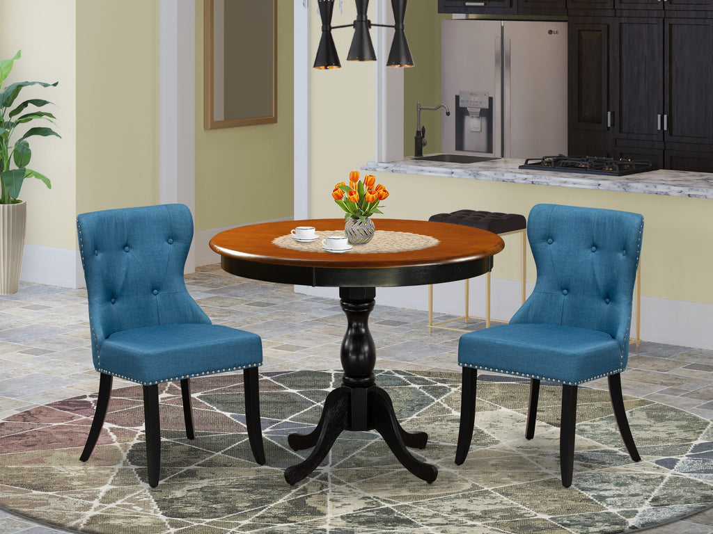 AMSI3-4ZL-BO 3-Piece Compact Dining Set with Pedestal Round Table & Two Blue Upholstered Parson Chairs, 36 Black Cherry