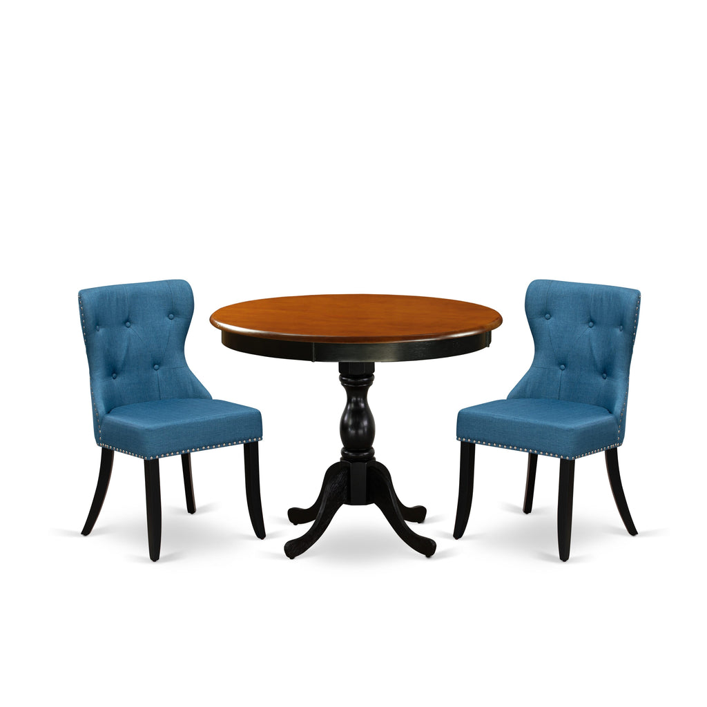 AMSI3-4ZL-BO 3-Piece Compact Dining Set with Pedestal Round Table & Two Blue Upholstered Parson Chairs, 36 Black Cherry