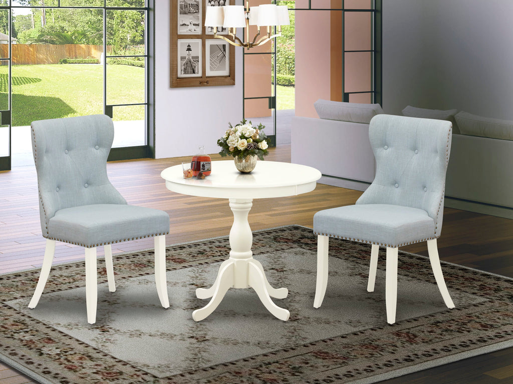 AMSI3-3C2-4E Compact Dining Ensemble Petite Table with Pedestal Base & 2 Soft Blue Chairs