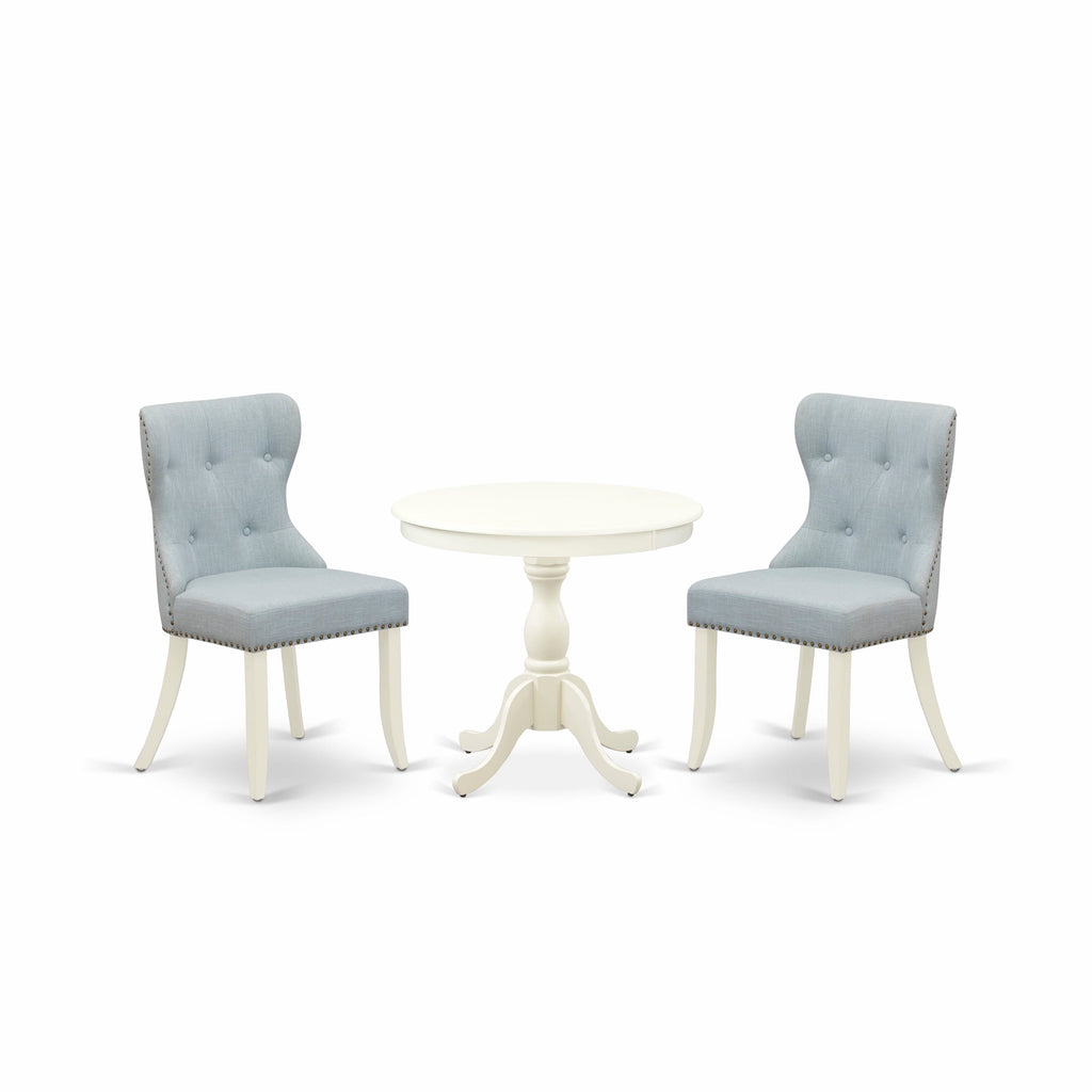 AMSI3-3C2-4E Compact Dining Ensemble Petite Table with Pedestal Base & 2 Soft Blue Chairs