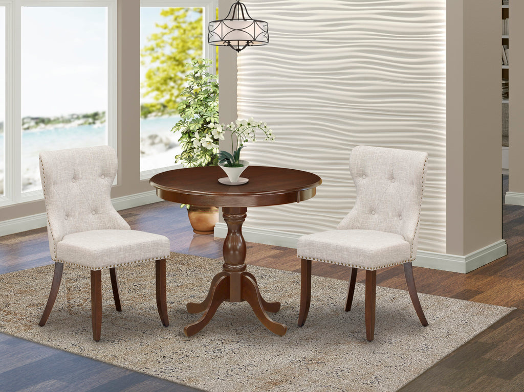 AMSI3-RBW-N7 - 3 Piece Set with Round Table, Pedestal, and 2 Doeskin Chairs, 36 Mahogany