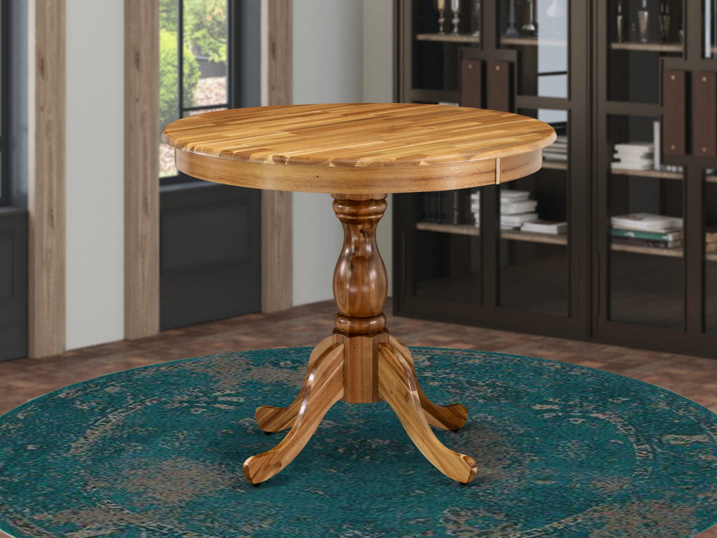 AMT-AJ6-0U Round Antique Dining Table Featuring a Central Pedestal Base with 36-Inch Top in Natural Finish