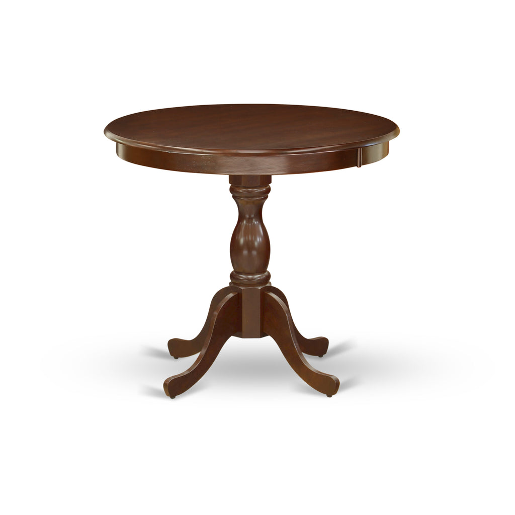 AMNF3-3K4-K 3 Piece Set - Round Table with Pedestal and Two Linen Seats in Rich Mahogany, 36