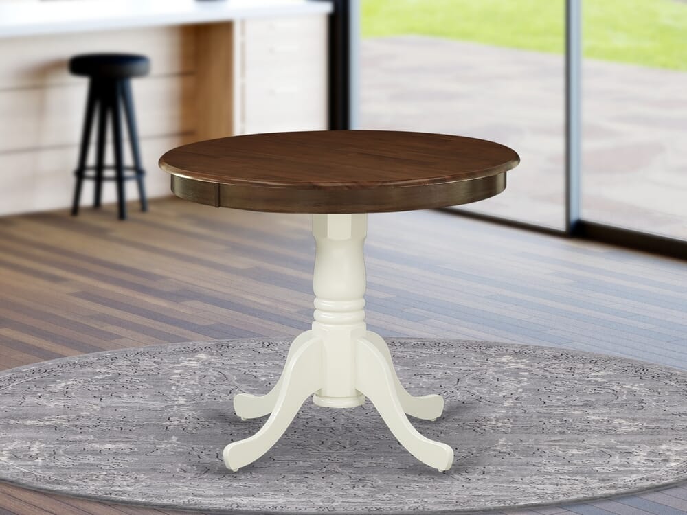 AMT-WLV-RK Vintage Round Dining Table with Pedestal Base, 36x36 Inch, Walnut & Linen Hue