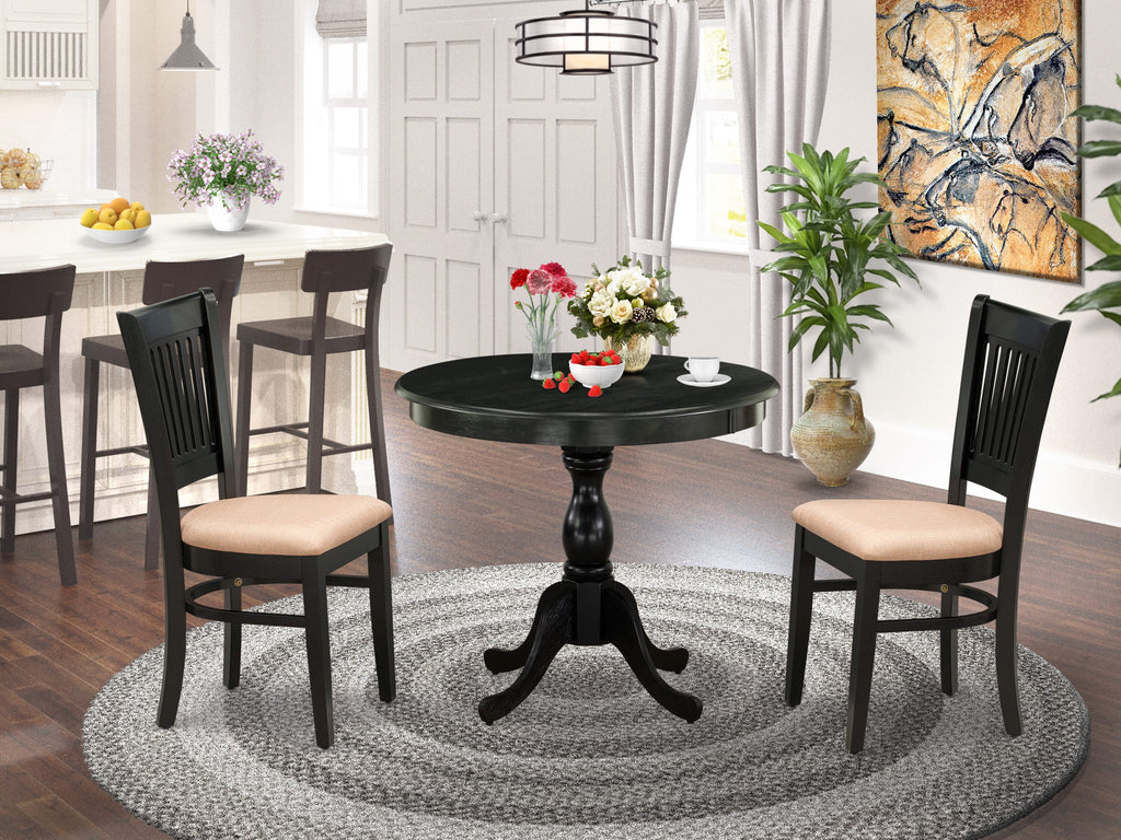 AMVA3-AOM-2 Elegant 3-Piece Dining Ensemble Round Pedestal Table and Linen Chairs, Black Hue