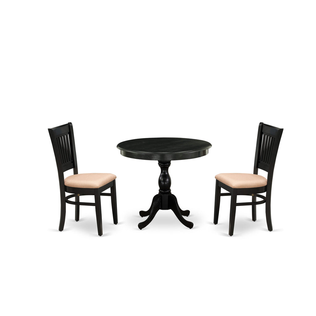 AMVA3-AOM-2 Elegant 3-Piece Dining Ensemble Round Pedestal Table and Linen Chairs, Black Hue