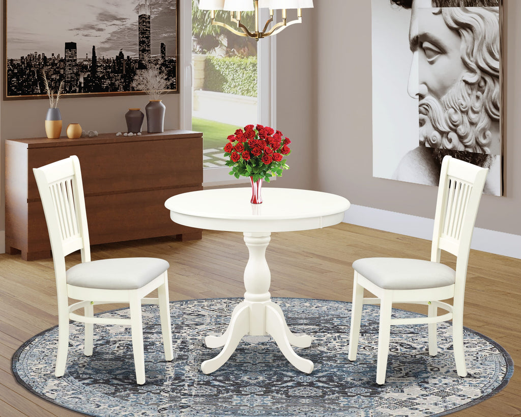 AMVA3-XFE Modern 3-Piece Dining Set Linen Chairs & Round Pedestal Table for Dining, 36x36 Inch White