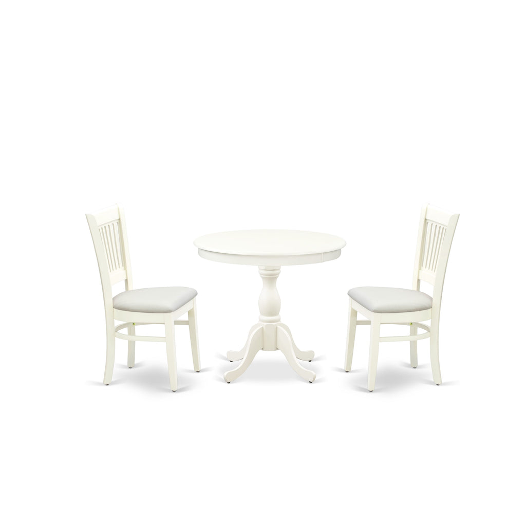 AMVA3-XFE Modern 3-Piece Dining Set Linen Chairs & Round Pedestal Table for Dining, 36x36 Inch White