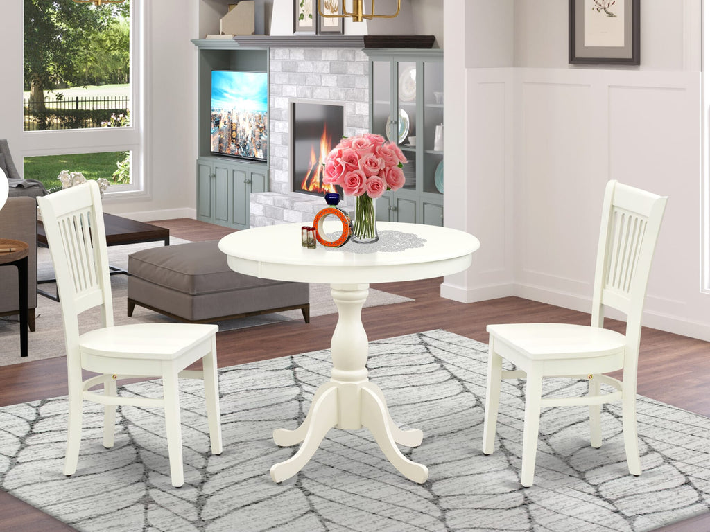 AMVA3-XKJ-I Compact Round Dining Set for Cozy Spaces Pedestal Table & Two Chairs, Linen White Finish
