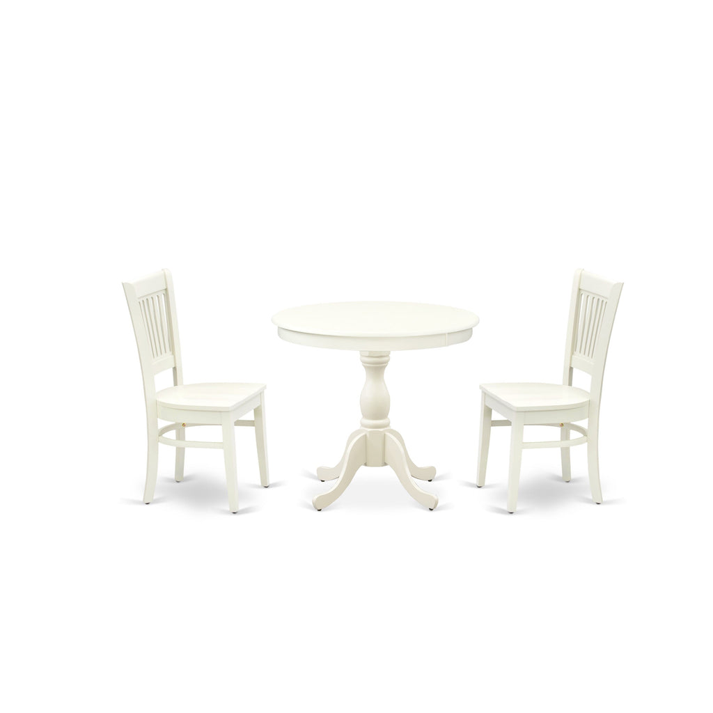 AMVA3-XKJ-I Compact Round Dining Set for Cozy Spaces Pedestal Table & Two Chairs, Linen White Finish