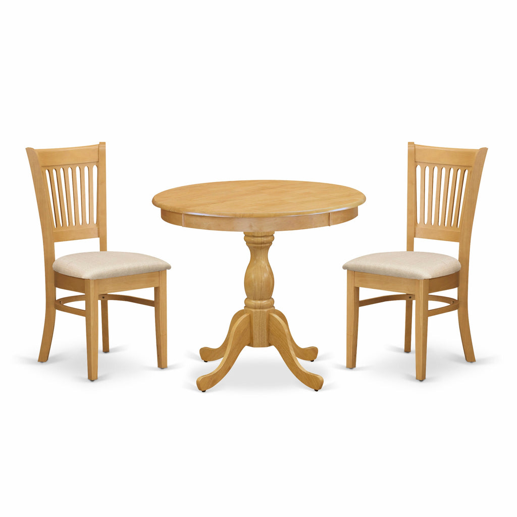 AMVA3-1WR-4 3-Piece Dining Set with Round Table & 2 Chairs, 36x36 Inch, Oak Finish