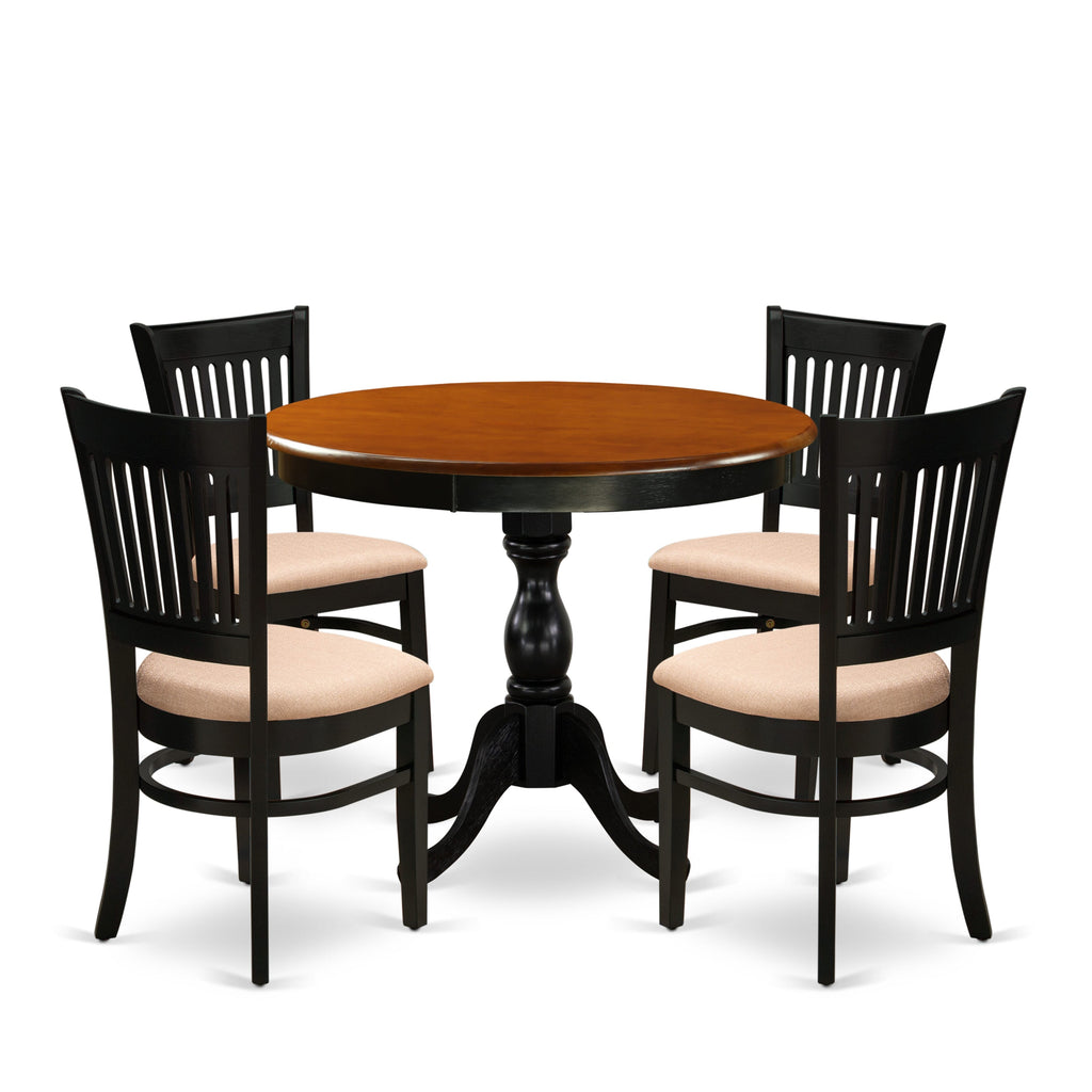 AMVA5-AX9-7 5-Piece Dining Set with Round Pedestal Table and 4 Upholstered Chairs in Black & Cherry Finish