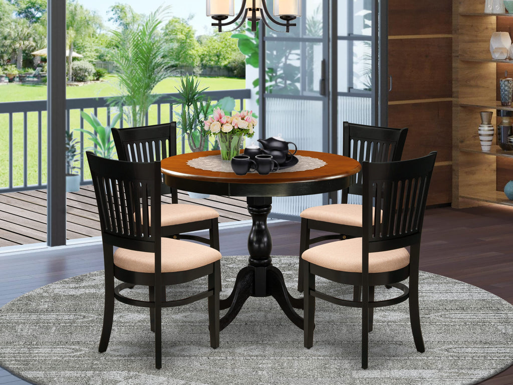 AMVA5-AX9-7 5-Piece Dining Set with Round Pedestal Table and 4 Upholstered Chairs in Black & Cherry Finish
