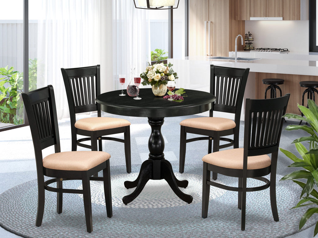 AMVA5-NCI-1 Stylish 5 Piece Dining Set with Round Pedestal Table and Upholstered Chairs in Linen