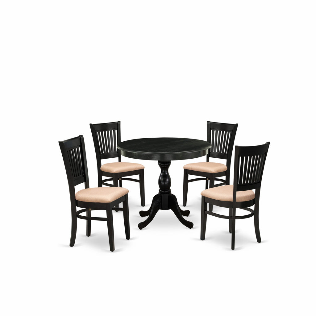 AMVA5-NCI-1 Stylish 5 Piece Dining Set with Round Pedestal Table and Upholstered Chairs in Linen