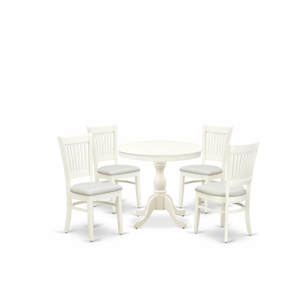 AMVA5-UVL-L 5-Piece Round Dining Set with Classic Pedestal & Linen Upholstered Seats, 36x36, White