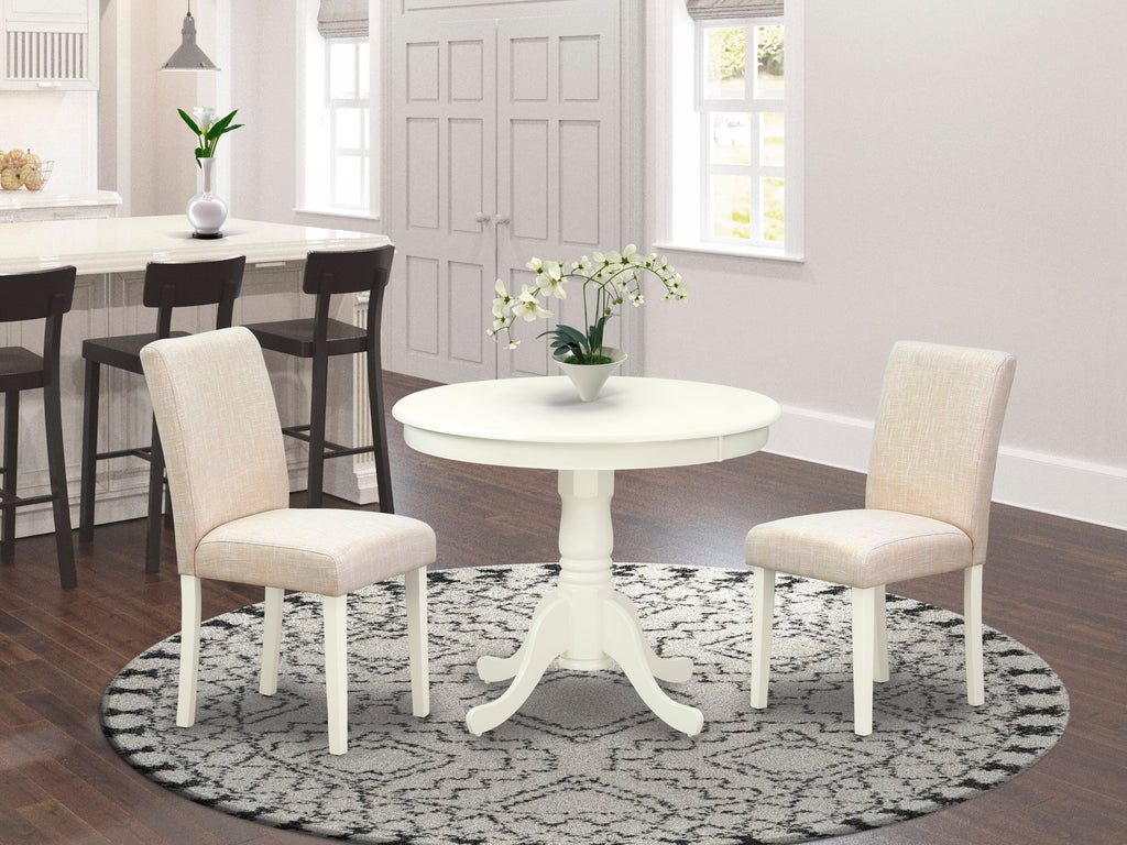 ANAB3-KB6-S2 Compact Dining Ensemble with 36-inch Pedestal Table & 2 Beige Linen Parsons Chairs for Tight Spaces