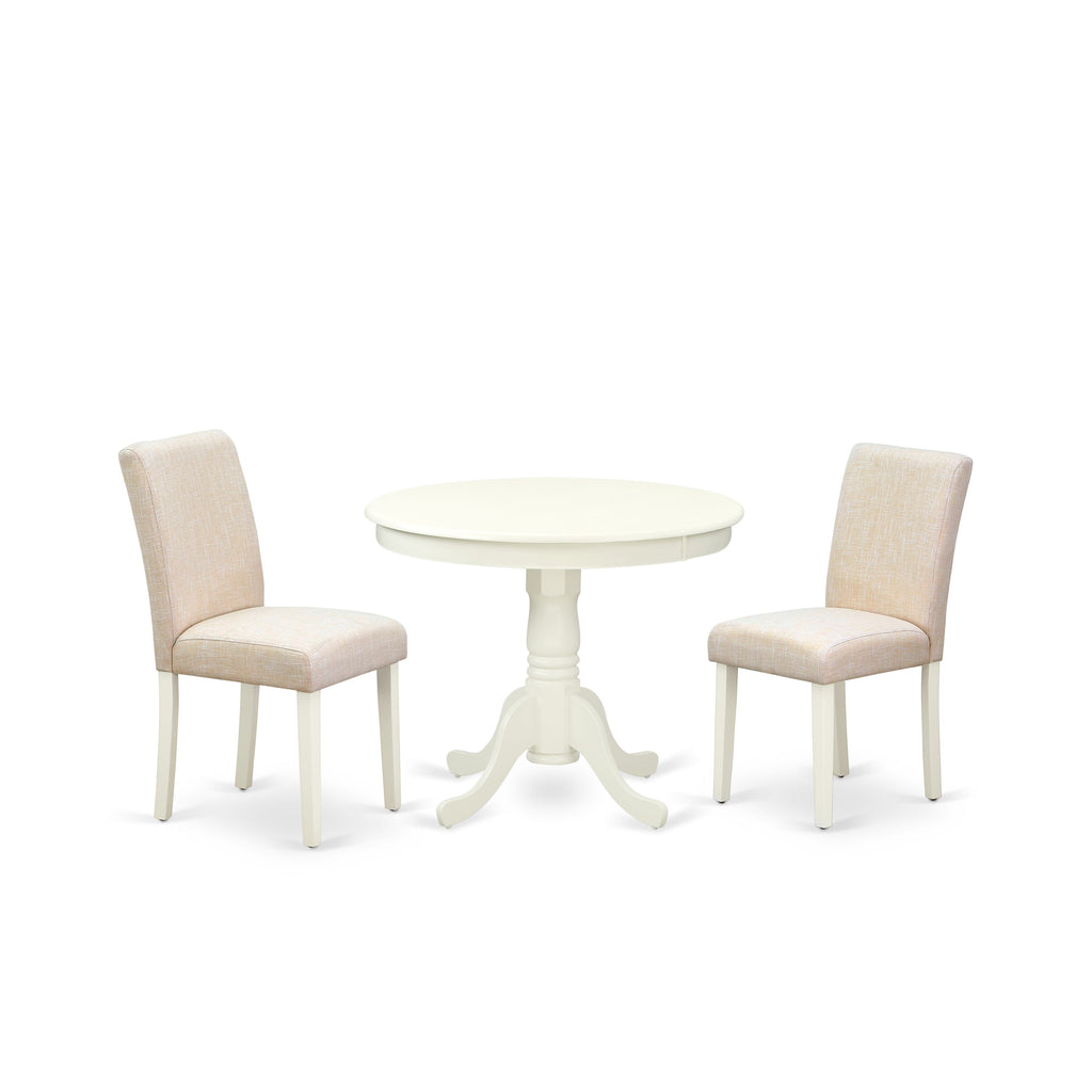 ANAB3-KB6-S2 Compact Dining Ensemble with 36-inch Pedestal Table & 2 Beige Linen Parsons Chairs for Tight Spaces