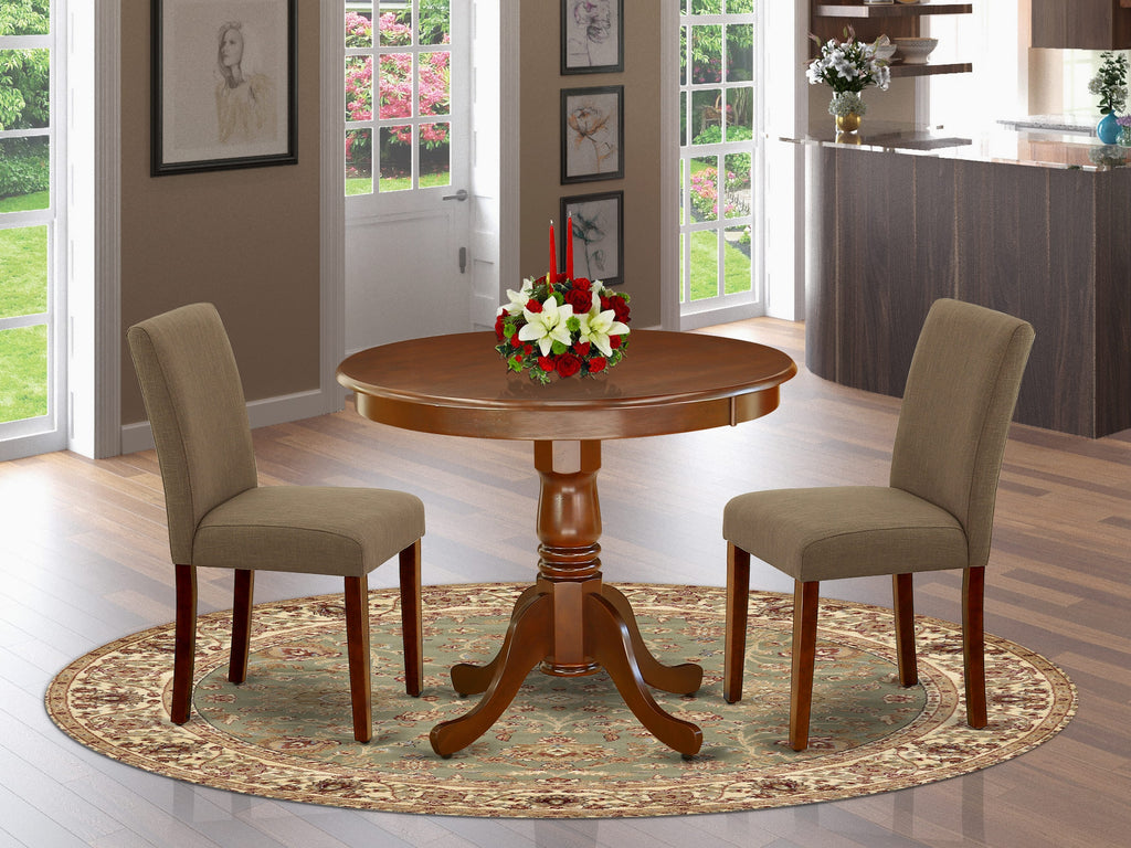 ANAB3-9NE-WN Elegant 3-Piece Dining Set with Round Pedestal Table and Pair of Parson Chairs, 36x36 Inch, Mahogany Finish