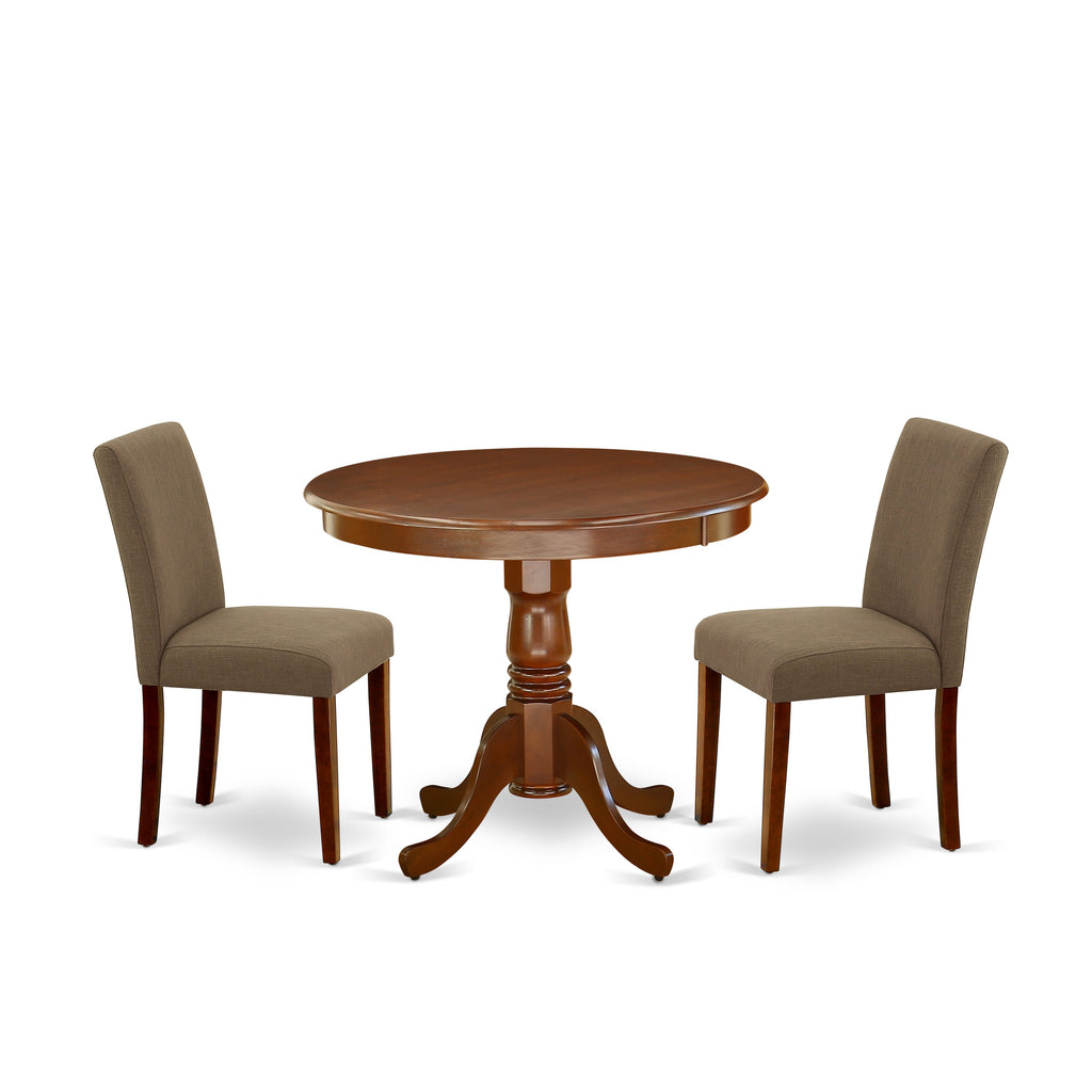 ANAB3-9NE-WN Elegant 3-Piece Dining Set with Round Pedestal Table and Pair of Parson Chairs, 36x36 Inch, Mahogany Finish